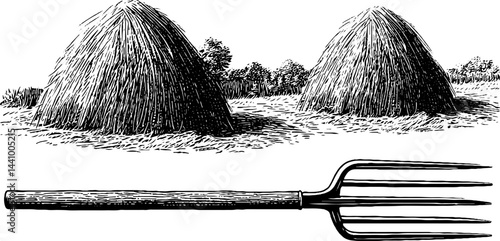 Engraved farm illustration featuring haystack and pitchfork for rural decor or educational material