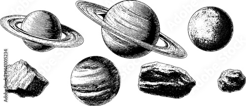 Engraved planetary illustration set depicting celestial bodies orbiting the sun for educational designs