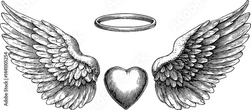 Engraved angel wings and halo design for spiritual art and decoration