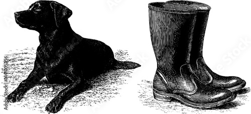 Engraved farm dog and boots illustration for rustic design projects