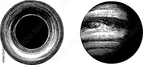 Vintage engraved illustration of black hole and distant planetary body for educational design