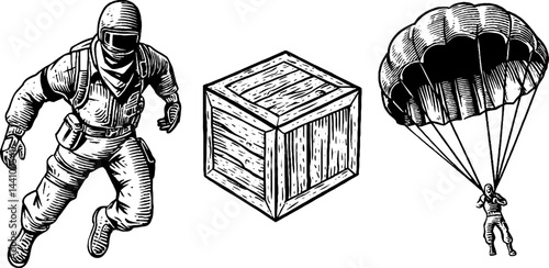 Engraved illustration set of battle royale characters and equipment