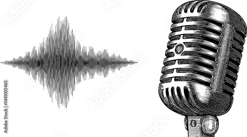 Vintage engraved microphone and sound wave for podcast and broadcast design