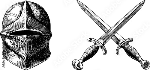 Medieval war gear: engraved helmet and crossed swords illustration for historical design