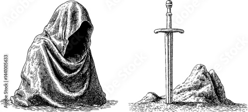 Engraved illustrations of ronin cloak and sword in stone for design use