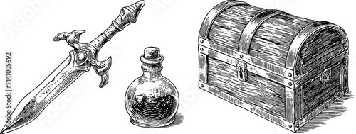 Engraved fantasy sword, potion, and chest illustration for game design and collectibles