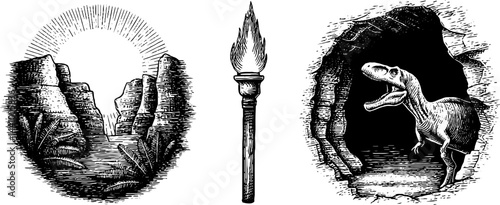 Engraved prehistoric cave art with dinosaur, landscape, and torch symbols