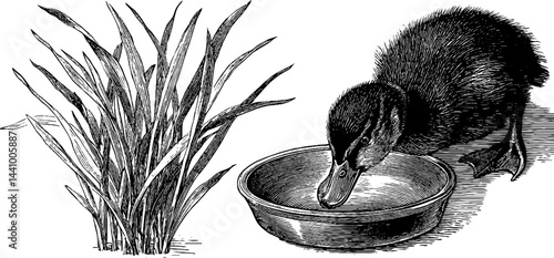 Engraved illustrations of duckling and pond reeds - nature and wildlife art for print