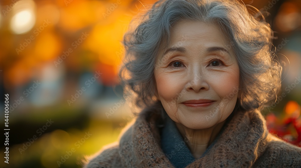 Portrait of a smiling senior woman with gray hair in autumn park age fall face calm happy model light Portrait of a smiling senior woman with gray hair in autumn park age fall face calm happy model light