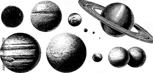 Intricate engraved illustrations of binary stars and planetary systems for educational design