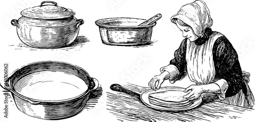 Vintage culinary scene of a grandma preparing pancakes with cookware