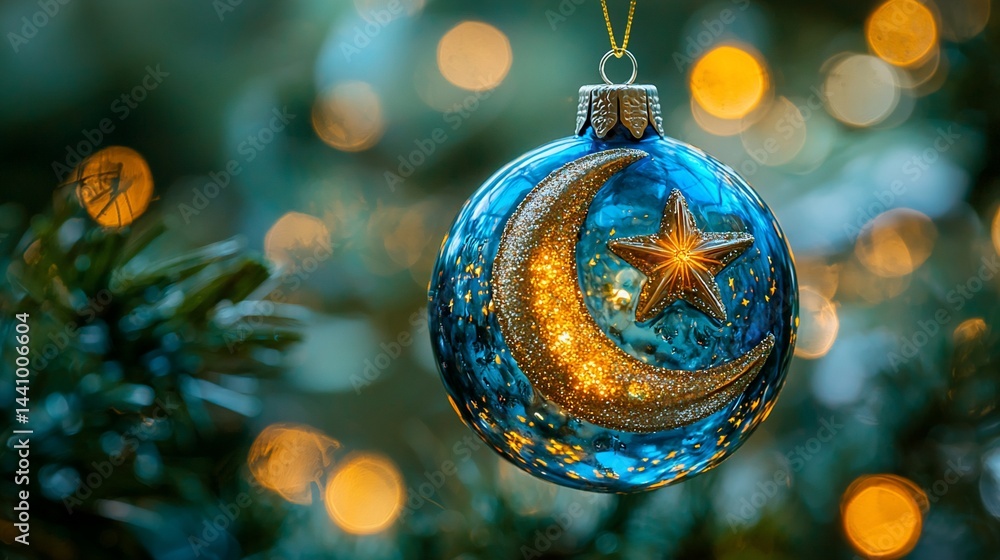 Obraz premium A celestial Christmas ornament, showcasing a blue glass sphere with a crescent moon and gold star design, hanging from a Christmas tree