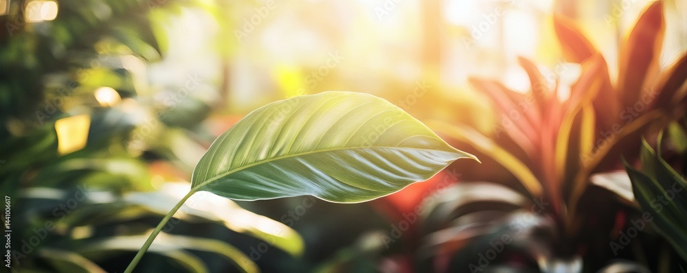 Naklejka premium Close-up of a vibrant tropical leaf in sunlight.