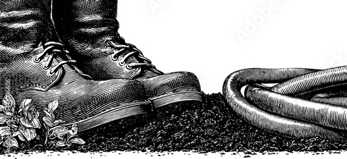 Vintage gardening scene with engraved boots and hose illustration