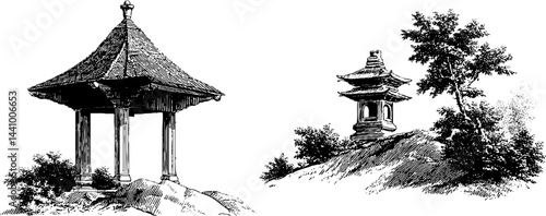 Engraved architectural illustration set featuring pavilion and roof design elements