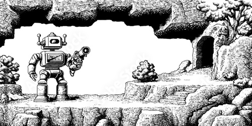 Vintage-style engraved robot companion exploring cave landscape