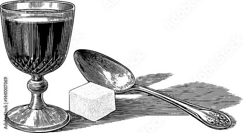 Vintage absinthe and sugar illustration for culinary and beverage design