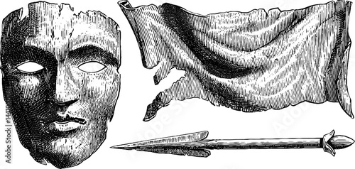 Engraved illustration set of battlefield banner and mask elements for historical design
