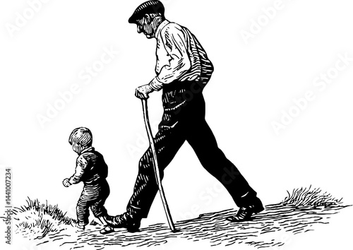 Vintage illustration of a grandpa and child walking together for family-themed artwork and design