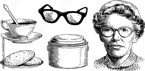 Engraved illustration set featuring grandma with glasses and everyday objects