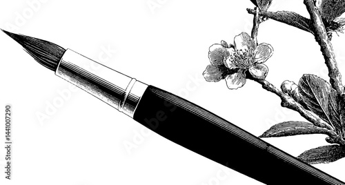 Engraved illustration of japanese artistry featuring brush and cherry blossom for creative design