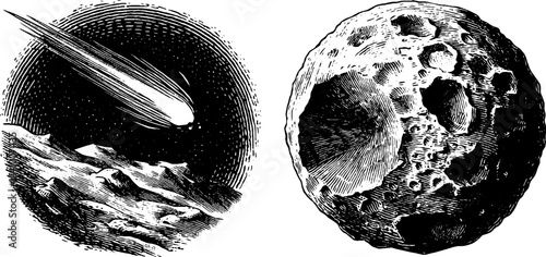 Detailed engraved illustration of lunar crater and shooting star for artistic design