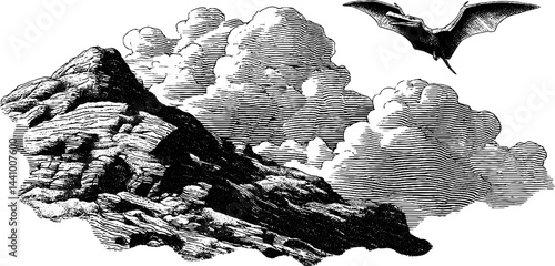Engraved illustration of pterodactyl flying over rocky mountain and clouds