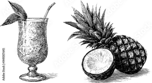 Classic engraved illustration set of pina colada cocktail and fresh pineapple arrangement for vintage design