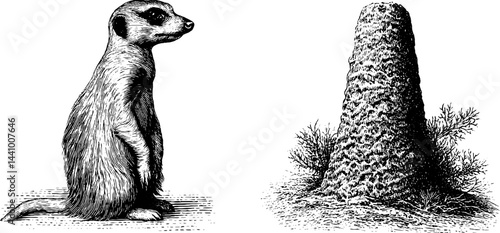 Engraved nature illustration featuring meerkat and termite mound for educational print design
