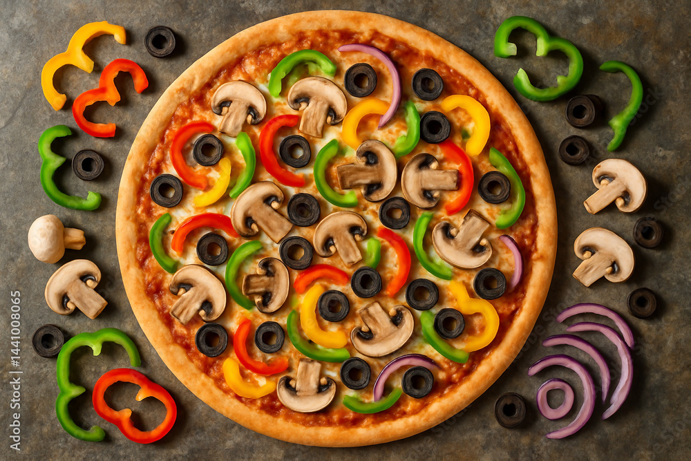 Vegetarian pizza with mushrooms, colorful bell peppers, and black olives on stone background Vegetarian pizza with mushrooms, colorful bell peppers, and black olives on stone background
