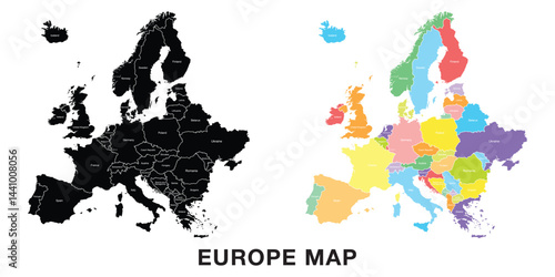 Map of Europe. Includes Germany, Netherlands, Belgium, Luxembourg, Austria, Switzerland, France, Monaco, Liechtenstein, with regional divisions. Isolated on a white background. Highly detailed flat