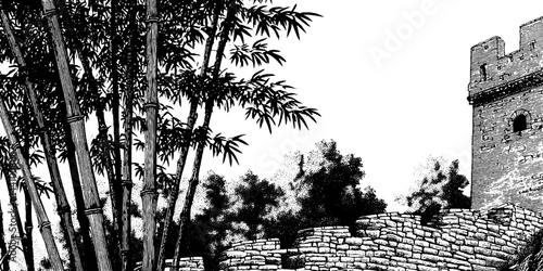 Intricate engraved illustration featuring castle turret and stone wall with bamboo surroundings