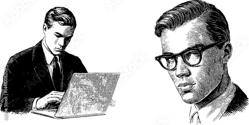 Vintage engraved illustration of investment banker at work and portrait with glasses