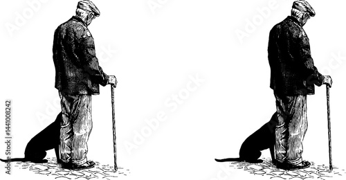 Vintage illustration of elderly man with walking cane and dog companion