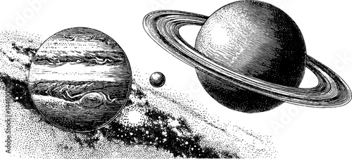 Engraved illustration of exoplanetary system with ringed planet and stars for educational design