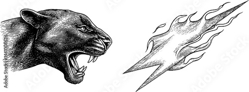 Engraved illustration of fierce panther and dynamic lightning design