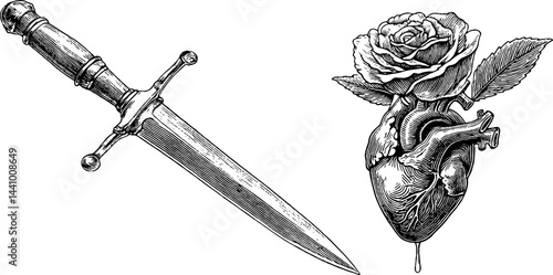 Engraved dagger and heart with rose illustration for tattoo art and design inspiration