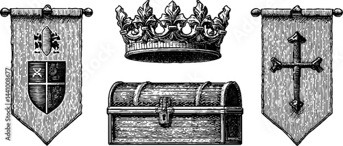 Engraved illustration set of clan banners, crown, and treasure chest for medieval design