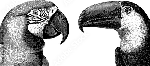 Vintage engraved illustration set featuring parrot and toucan for artistic design and decor