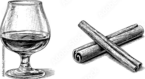 Vintage engraving of brandy snifter and cinnamon sticks for beverage and culinary designs