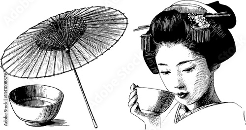 Traditional japanese maiko with tea bowl and paper umbrella illustration