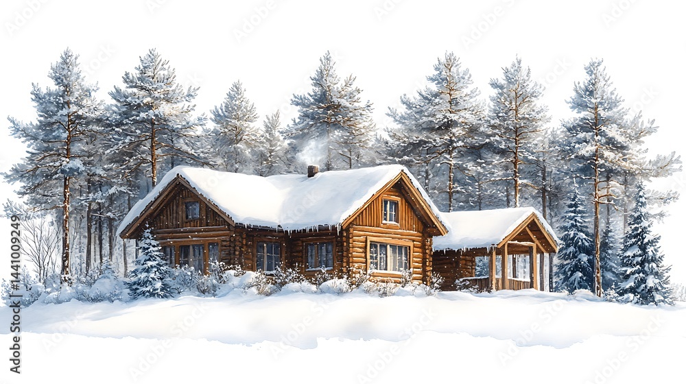 Snowy log cabin nestled in a winter forest. Snowy log cabin nestled in a winter forest.