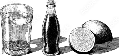 Vintage engraved illustration set of cuba libre and cola with lime for beverage design