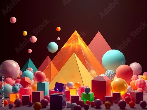 An abstract composition with colorful geometric shapes, including spheres and pyramids, against a dark background, creating a playful and modern atmosphere.