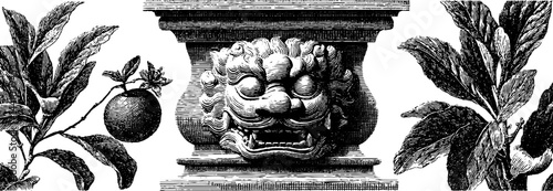 Engraved illustration set featuring bridge railing with ornamental lion and foliage motifs