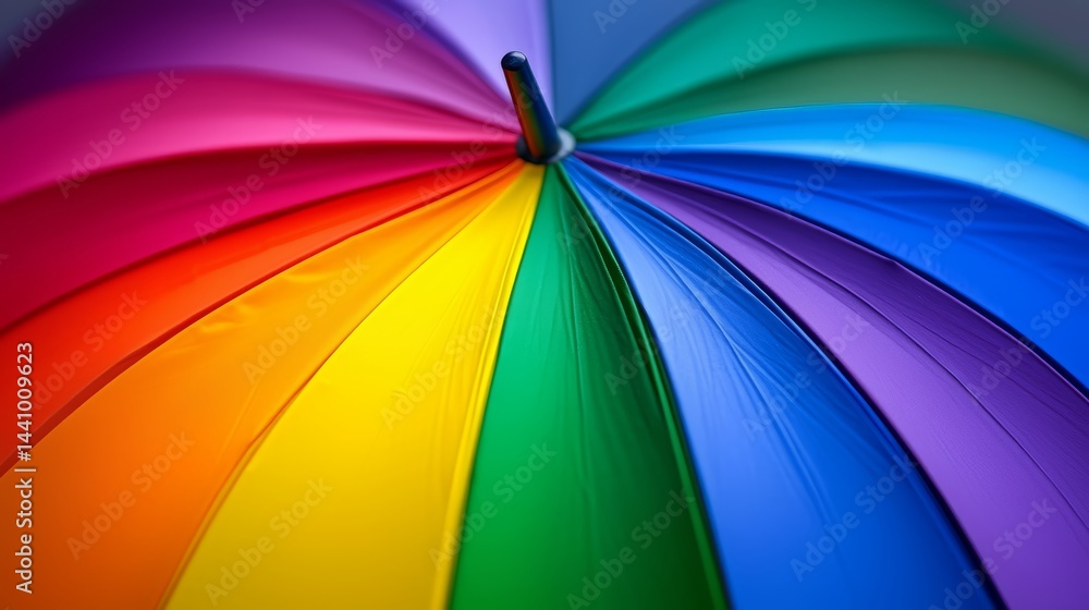 Rainbow umbrella with a rainbow pattern. The umbrella is open and the colors are vibrant and bright Rainbow umbrella with a rainbow pattern. The umbrella is open and the colors are vibrant and bright