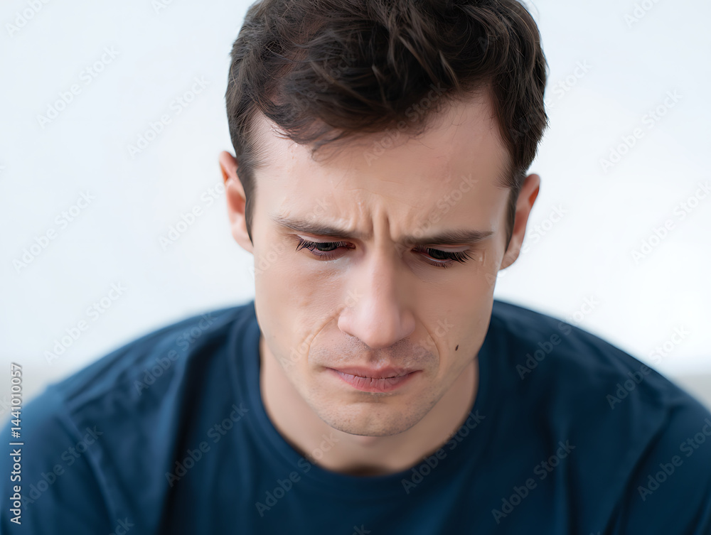 Fototapeta premium Sad Man Looks Down with Worried Expression