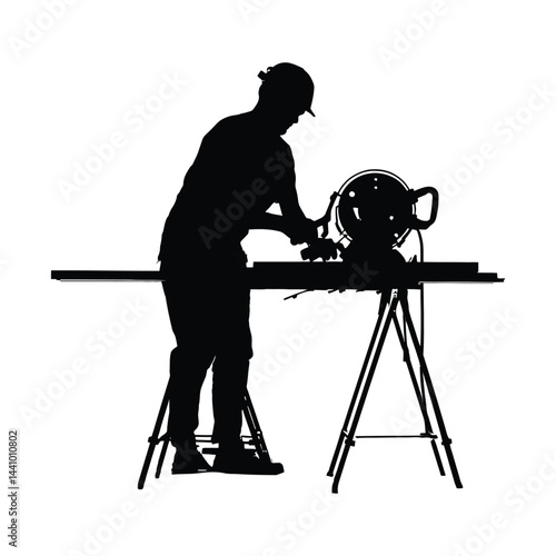 Metal cutting saw silhouette construction worker using chop saw for metalwork and fabrication project jobsite


