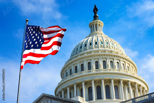 Close-up of the United States Capitol Building with an American flag waving in front