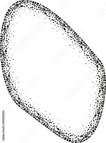 Softly rounded abstract shape with a fluid and wavy contour, surrounded by a rough granular texture inspired by pebbles and dirt.